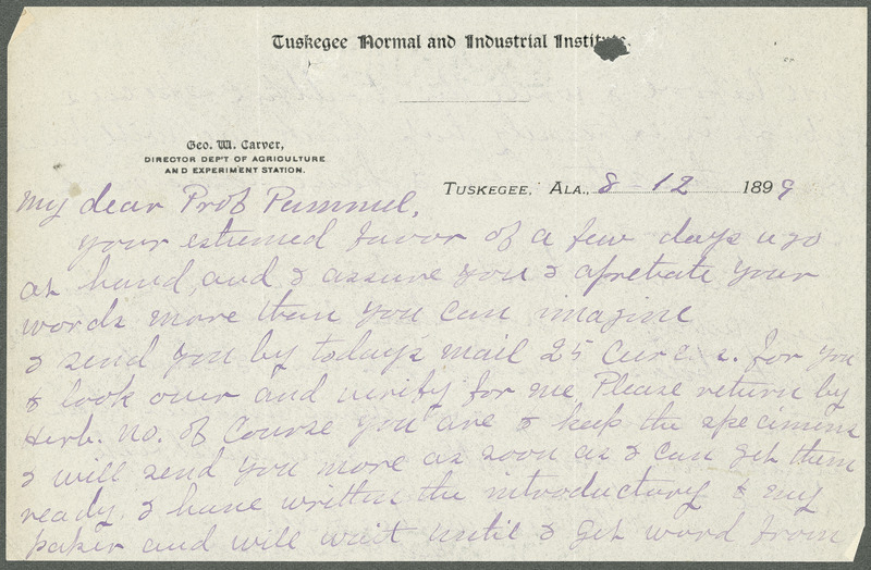 Letter from George Washington Carver to Louis H. Pammel regarding fungi, etc.