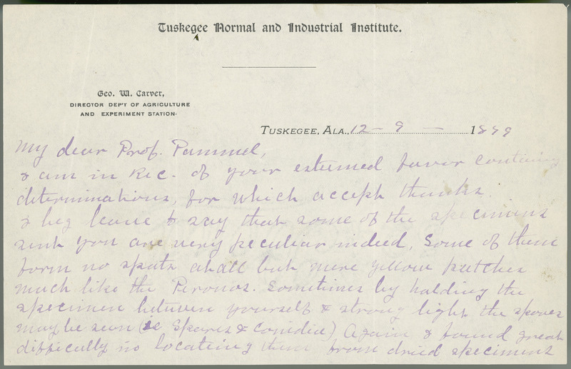 Letter from George Washington Carver to Louis H. Pammel regarding fungi, etc.