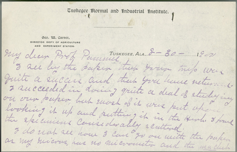 Letter from Carver to Pammel regarding a microscope etc.