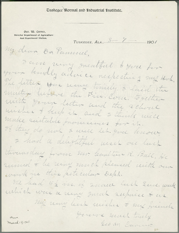 George W. Carver letter to L. H. Pammel, March 7, 1901