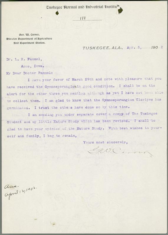 George W. Carver letter to L. H. Pammel, April 5, 1902