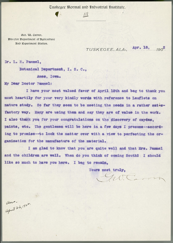 George W. Carver letter to L. H. Pammel, April 18, 1902