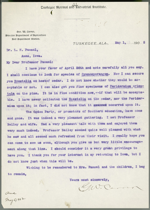 George W. Carver letter to L. H. Pammel, May 1, 1902