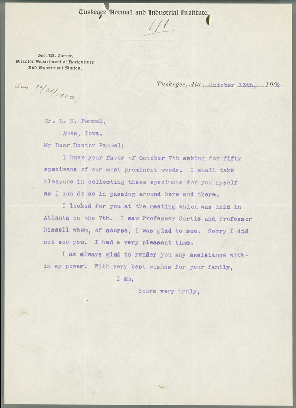 George W. Carver letter to L. H. Pammel, October 13, 1902