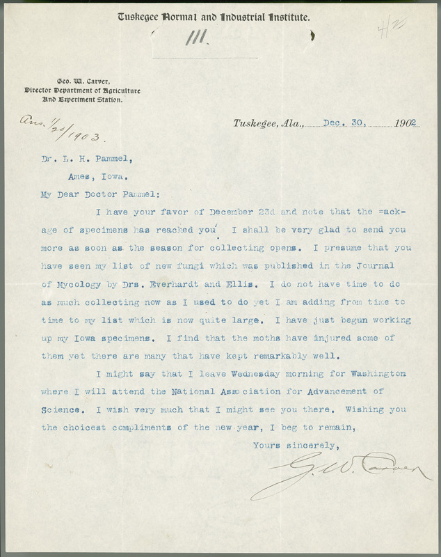 George W. Carver letter to L. H. Pammel, December 30, 1902