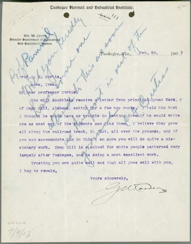 George W. Carver letter to C. F. Curtiss, February 20, 1903