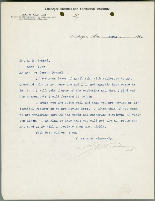 George W. Carver letter to L. H. Pammel, April 9, 1903