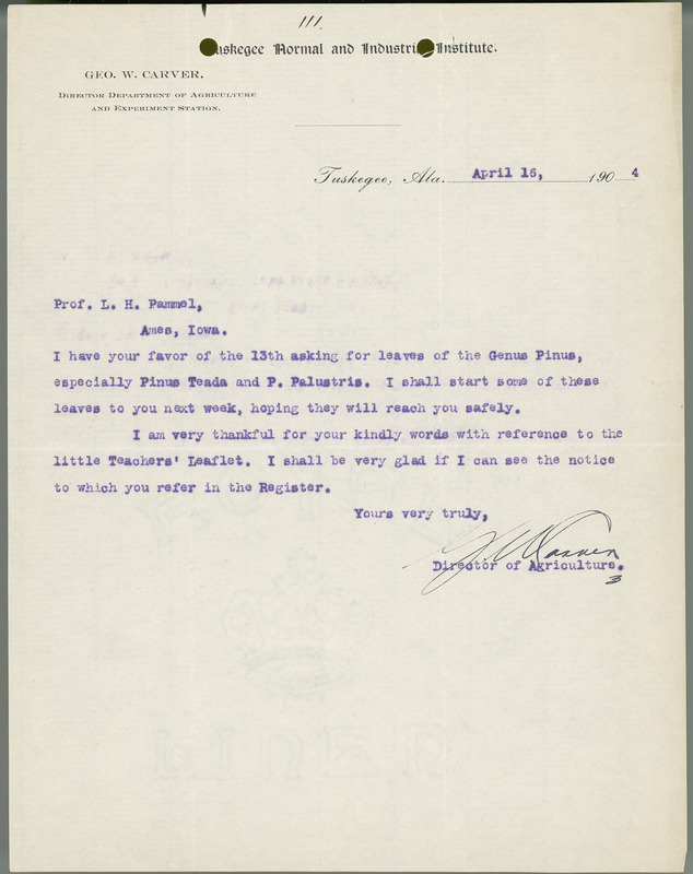 George W. Carver letter to L. H. Pammel, April 16, 1904