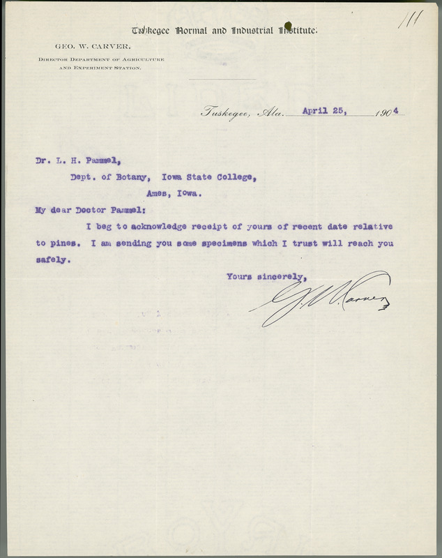 George W. Carver letter to L. H. Pammel, April 25, 1904