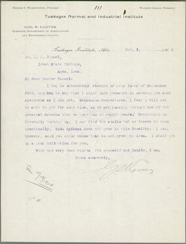 George W. Carver letter to L. H. Pammel, October 8, 1904