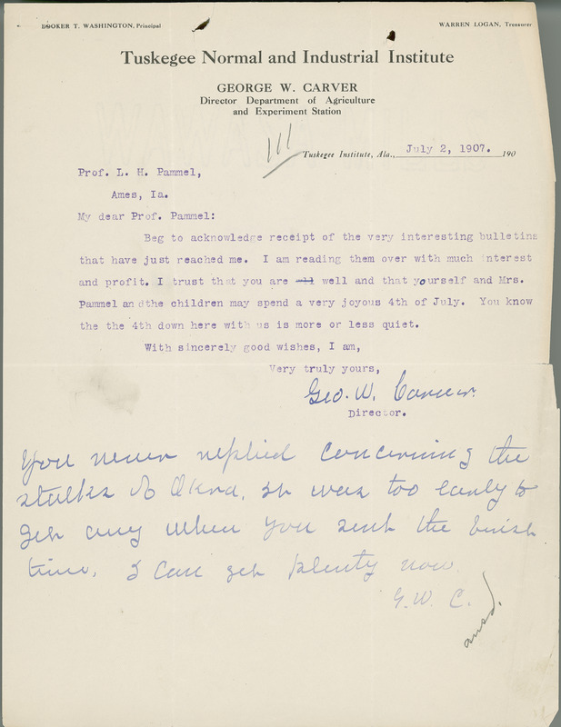 George W. Carver letter to L. H. Pammel, July 2, 1907