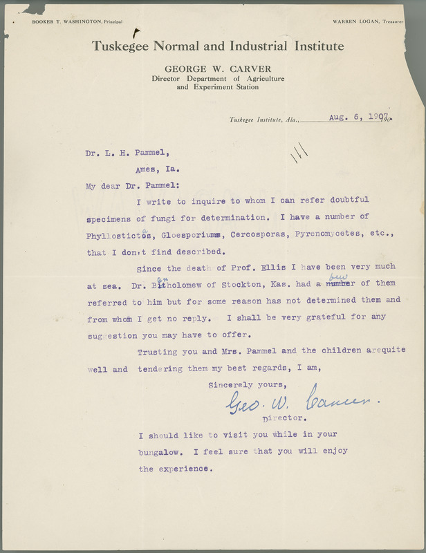 George W. Carver letter to L. H. Pammel, August 6, 1907