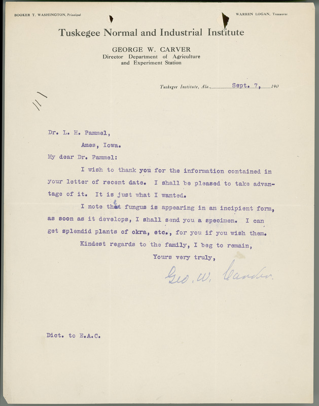 George W. Carver letter to L. H. Pammel, September 7, 1907