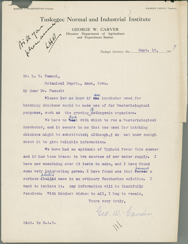 George W. Carver letter to L. H. Pammel, September 18, 1907