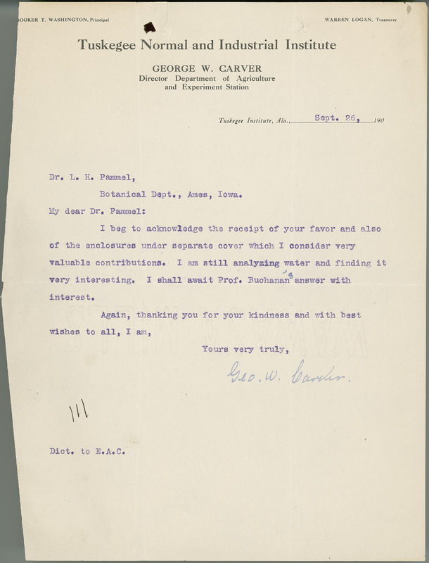 George W. Carver letter to L. H. Pammel, September 26, 1907