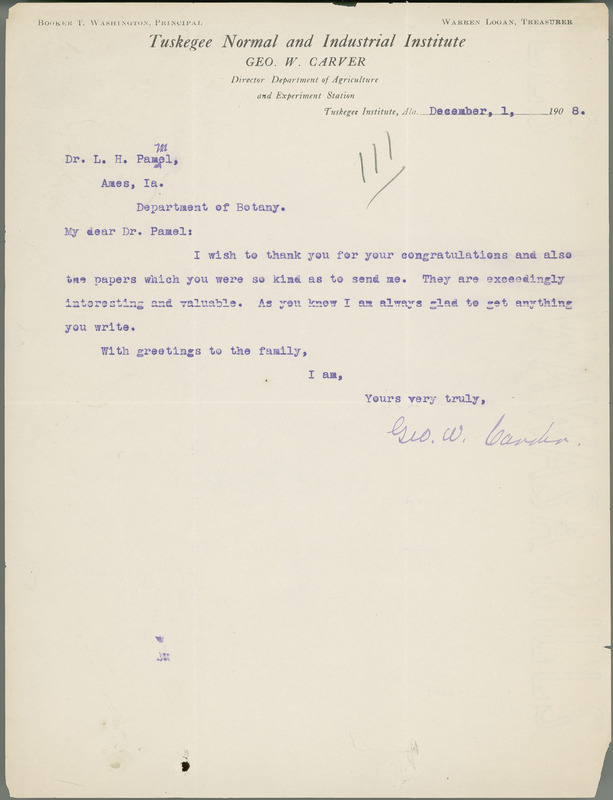 George W. Carver letter to L. H. Pammel, December 1, 1908