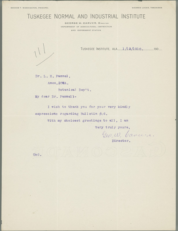 George W. Carver letter to L. H. Pammel, January 13, 1910