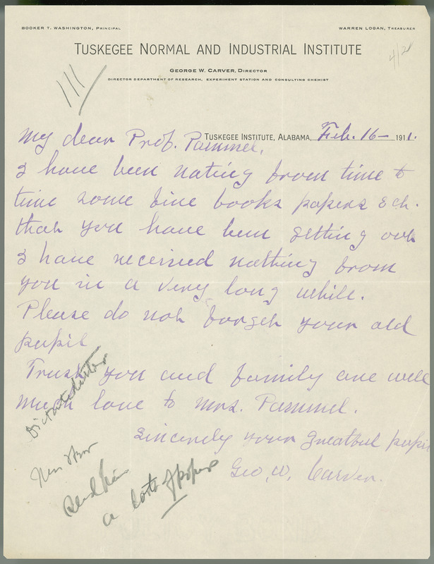 George W. Carver letter to L. H. Pammel, February 16, 1911