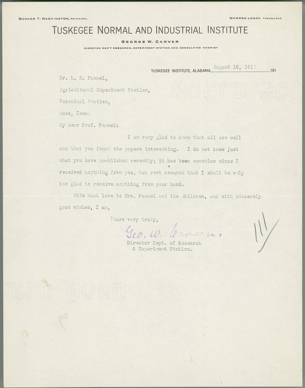 George W. Carver letter to L. H. Pammel, August 18, 1911