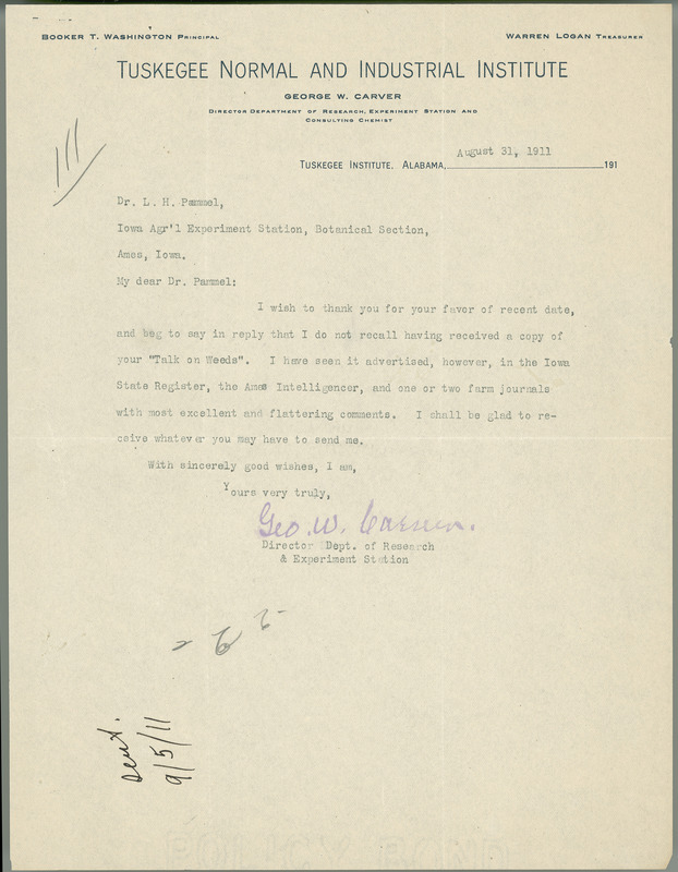 George W. Carver letter to L. H. Pammel, August 31, 1911