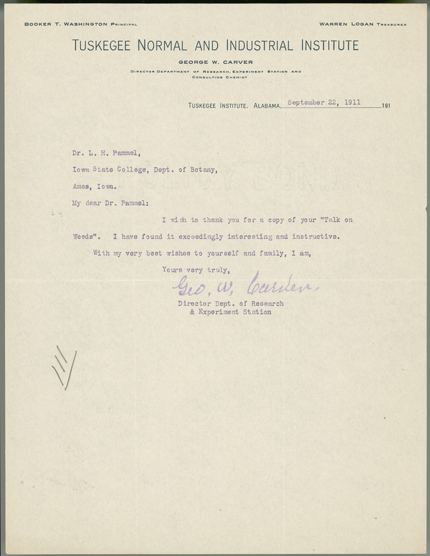 George W. Carver letter to L. H. Pammel, September 22, 1911