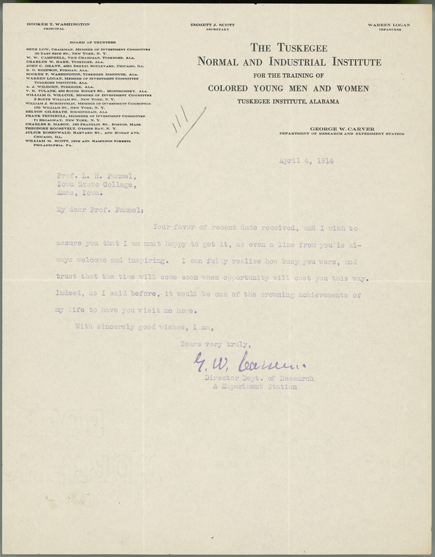 George W. Carver letter to L. H. Pammel, April 4, 1914