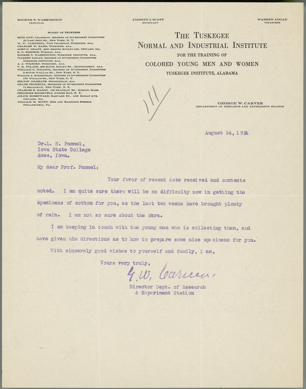 George W. Carver letter to L. H. Pammel, August 24, 1914