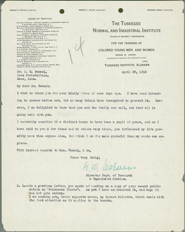 George W. Carver letter to L. H. Pammel, April 29, 1918