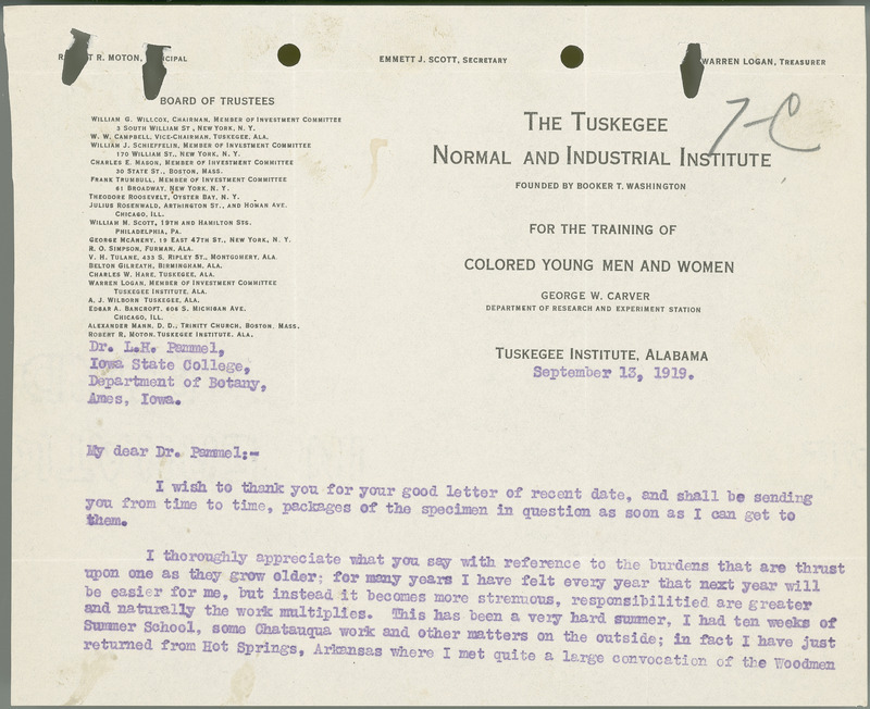 Letter from George Washington Carver to Louis H. Pammel regarding fungi, etc.