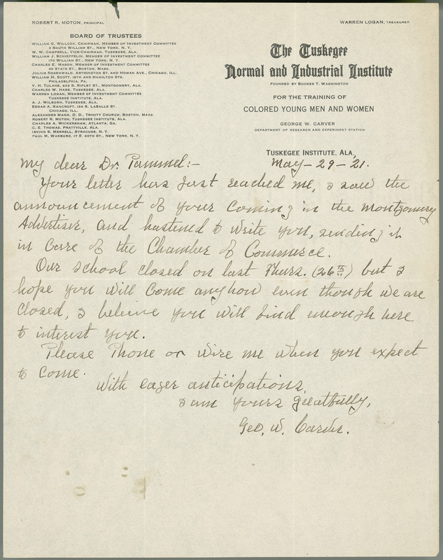 George W. Carver letter to L. H. Pammel, May 29, 1921