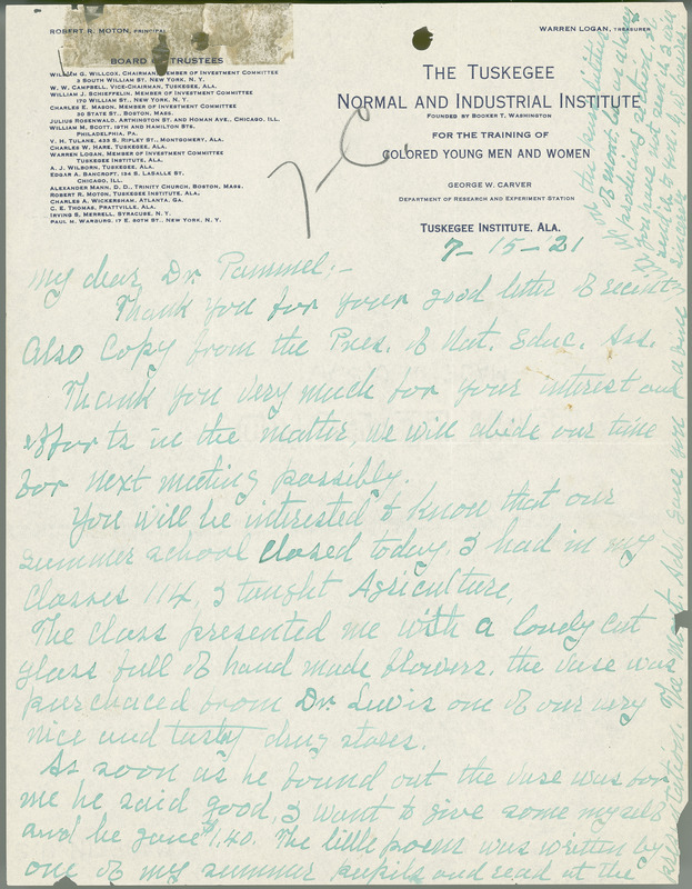 George W. Carver letter to L. H. Pammel, July 15, 1921