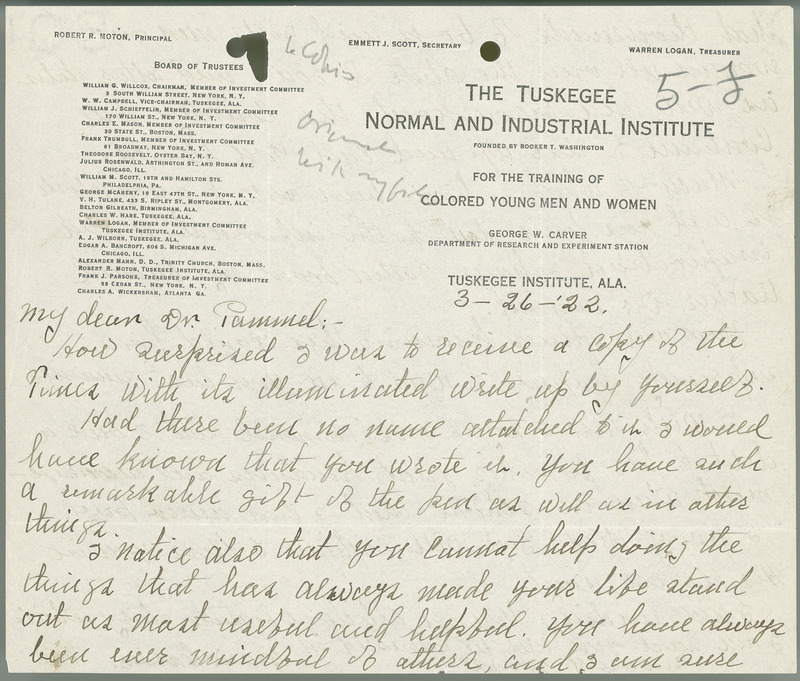 Letter from George Washington Carver to Louis H. Pammel.