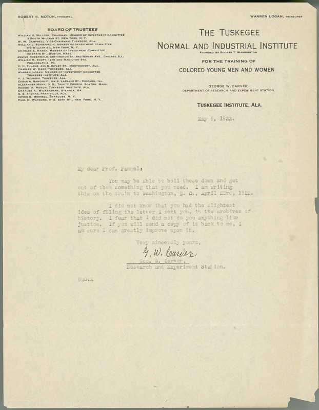 George W. Carver letter to L. H. Pammel, May 5, 1922