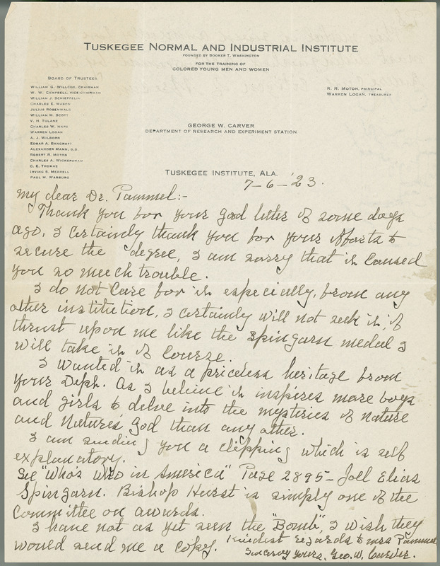 Letter from Carver to Pammel regarding the Spingarn medal, etc.