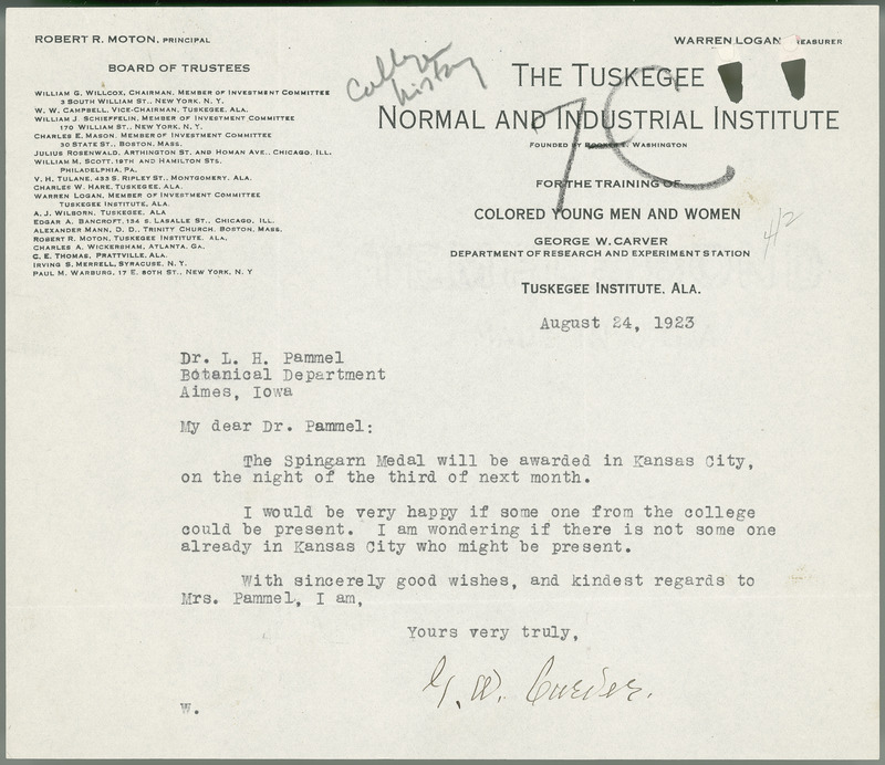 George W. Carver letter to L. H. Pammel, August 24, 1923