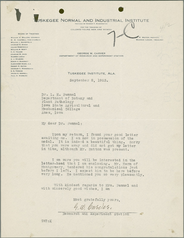 George W. Carver letter to L. H. Pammel, September 8, 1923