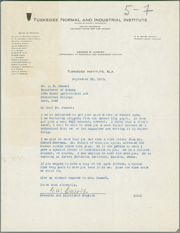 George W. Carver letter to L. H. Pammel, September 25, 1923