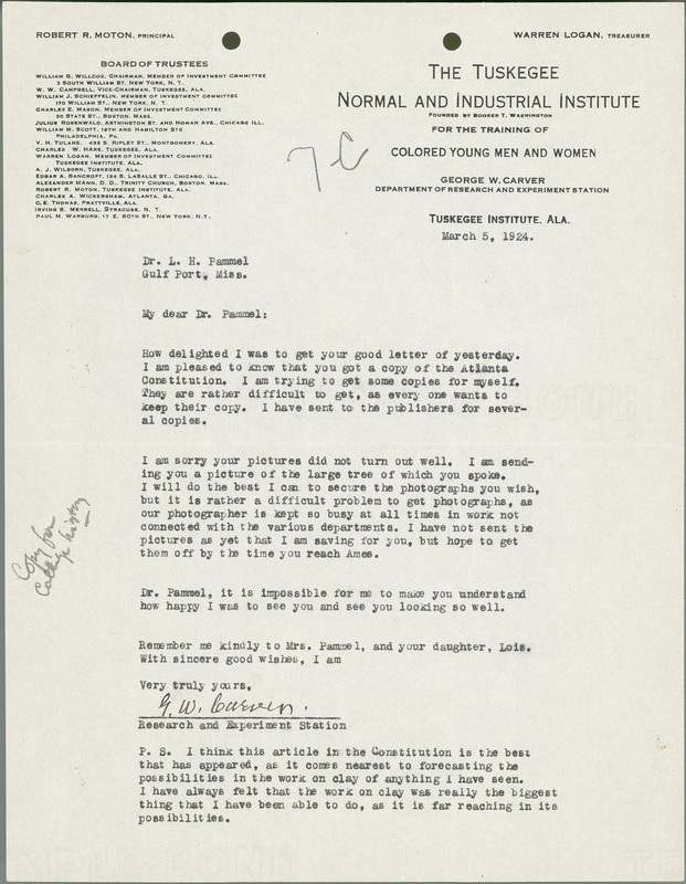 George W. Carver letter to L. H. Pammel, March 5, 1924