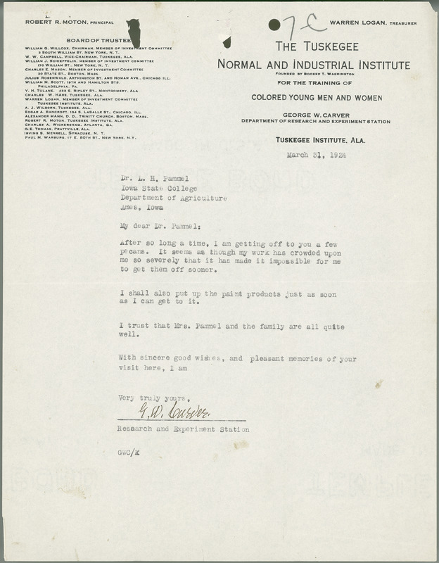 George W. Carver letter to L. H. Pammel, March 31, 1924