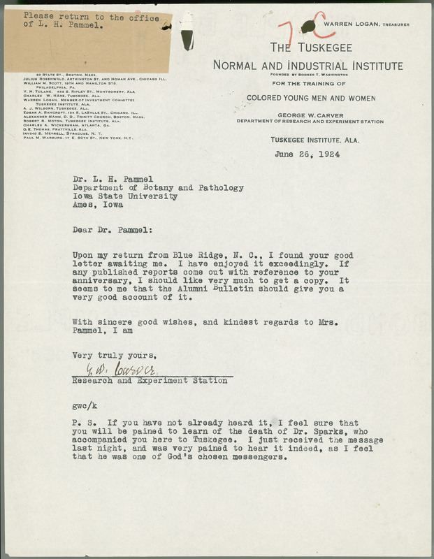 George W. Carver letter to L. H. Pammel, June 26, 1924