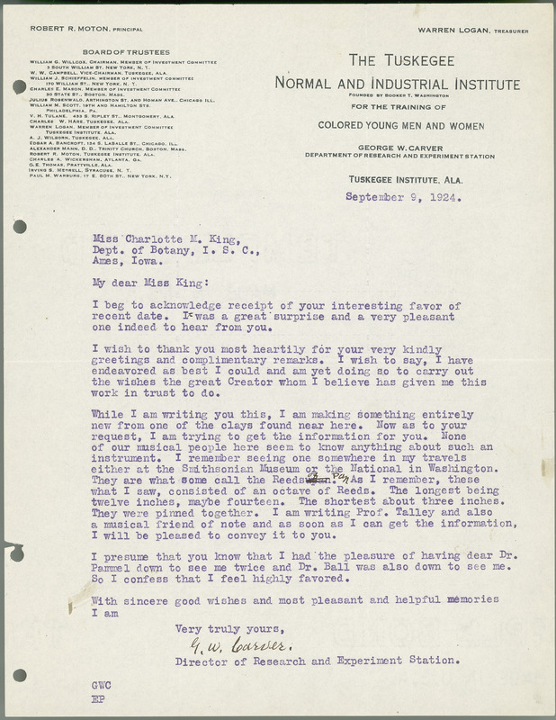 George W. Carver letter to Charlotte M. King, September 9, 1924