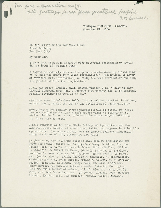 Letter from Carver to Pammel regarding the New York Times etc.