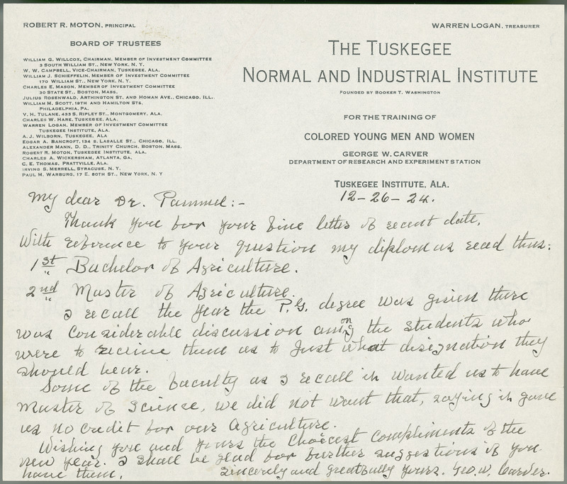 George W. Carver letter to L. H. Pammel, December 26, 1924