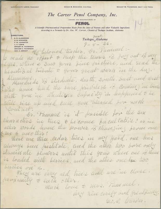 George W. Carver letter to L. H. Pammel, September 8, 1926