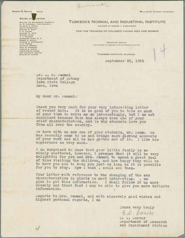 George W. Carver letter to L. H. Pammel, September 20, 1926