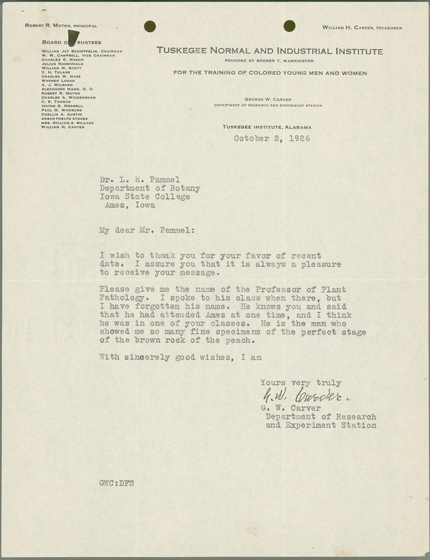 George W. Carver letter to L. H. Pammel, October 2, 1926