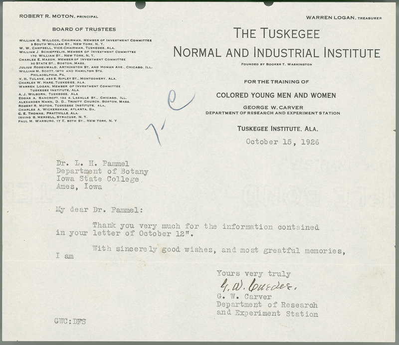 George W. Carver letter to L. H. Pammel, October 15, 1926