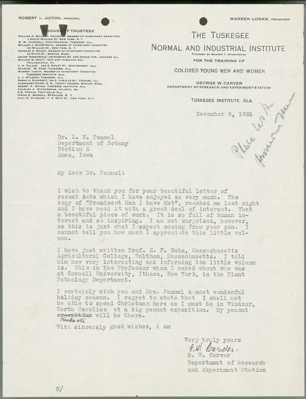 George W. Carver letter to L. H. Pammel, December 8, 1926