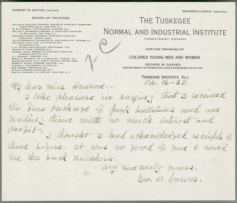 George W. Carver letter regarding the receipt of bulletins, February 16, 1927