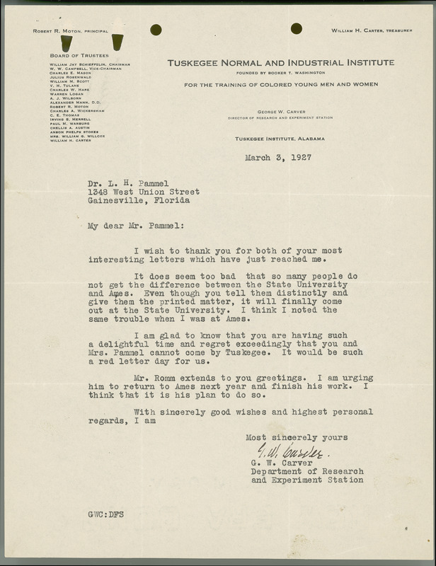 George W. Carver letter to L. H. Pammel, March 3, 1927